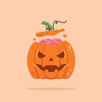 Split Halloween pumpkin carving with brains out and scary expression vector