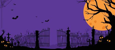 Halloween illustration at night in the middle of a cemetery with trees, moon and broken gate. suitable for posters and banners vector