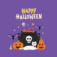 Halloween icon illustration with various scary characters, witch's cauldron, pumpkins and bats vector