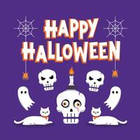 Festive Halloween decorations with skulls, cats and ghosts in white, perfect for celebrations and event invitations. vector