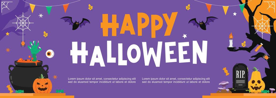 Halloween illustration at night with tree decorations, tombstones, Pumpkins, eyeballs, zombies, bats, candy corn, Poison Cauldron and spooky decorations on purple background