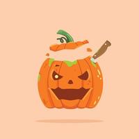 Halloween pumpkin carving split at the top with a knife sticking out and a scary expression vector