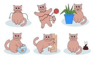 Set of problem with cat behavior. Kitten scratches, eat plant, goes to the toilet, fishing, play with ball of thread, chews up the wires. Cute hand drawn flat illustration. vector