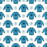 Seamless pattern. Winter sweater with heart design and snowflake. Cozy fall background. flat illustration. vector
