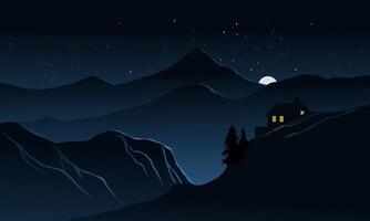 Beautiful calm night over mountains with a cabin on the hill, rising moon and stars vector