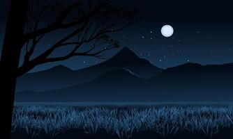 Beautiful tranquil night over meadow with mountain and full moon vector