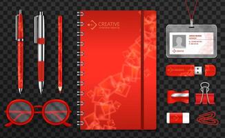 Red Office Stationery Set with Notebook and Accessories vector