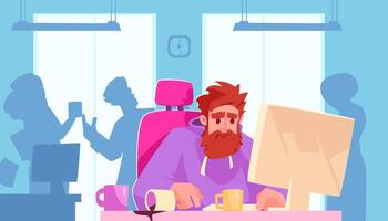 Tired Man Working at Office Desk with Coffee Cups vector