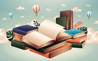 Whimsical Book Stack in a Fantasy Sky vector