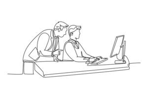 Single continuous line drawing of two male doctors discussing while watching medical record patient on computer screen. Hospital health care services. One line draw graphic design illustration vector