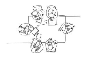 Continuous one line drawing top view group of doctors held conference at meeting room to discuss hospital working programs. Medical care teamwork. Single line draw design graphic illustration vector