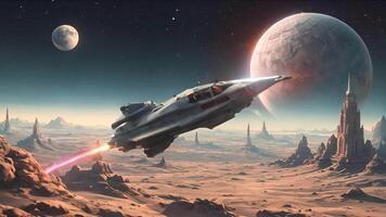 An artist's rendering of a spaceship flying over a desert video