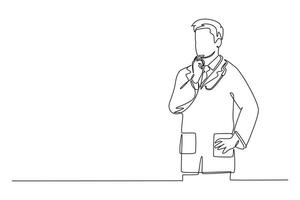 Single continuous line drawing male doctor pensive and thinking solution to cure patient with observation research vaccine. Medical innovation concept. One line draw graphic design illustration vector