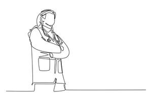 Continuous one line drawing smart male Arabian doctor standing with folded hands gesture at hospital. Medical health care humanity service concept. Single line draw design graphic illustration vector
