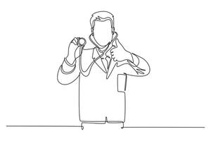 Single one line drawing of male doctor holding stethoscope with thumbs up gesture at hospital. Medical health care service excellence concept. Continuous line draw design graphic illustration vector