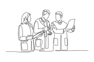 Continuous one line drawing group of doctor diagnosing patient illness while discussing his x-ray photo result. Medical health care service concept. Single line draw design graphic illustration vector