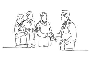 Single continuous line drawing happy hospital head giving congratulate handshake to group of doctors for teamwork achievements. Medical award concept. One line draw graphic design illustration vector