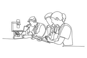 Continuous one line drawing group doctor analyze infected patient blood sample using laboratory microscope to find vaccine. Medical research team. Single line draw design graphic illustration vector