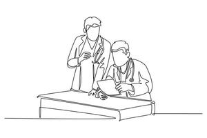 Single one line drawing of two young doctor discuss and diagnosing patient illness from their x-ray photo result. Hospital health care service. Continuous line draw design graphic illustration vector