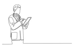 Single continuous line drawing male doctor pose standing to read a journal health and medical record on tablet. Medical health care research concept. One line draw graphic design illustration vector