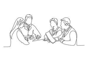 Continuous one line drawing group of doctor diagnosing illness while reading patient medical record at meeting room. Hospital health care teamwork. Single line draw design graphic illustration vector