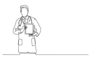 Single continuous line drawing of smart male doctor showing award about innovation technology to cure patient. Medical invention achievement concept. One line draw graphic design illustration vector
