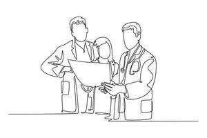 Continuous one line drawing group of team doctor discussing and diagnosing patient x-ray photo result at hospital. Medical health care services concept. Single line design graphic illustration vector
