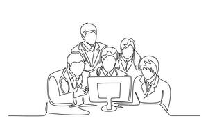 Single continuous line drawing group of young doctor discuss proper treatment while watching medical record patient on computer. Hospital health care. One line draw graphic design illustration vector