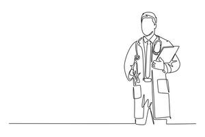 Continuous one line drawing of male doctor standing and holding medical to do list task on clipboard at hospital. Medical check up record concept. Single line draw design graphic illustration vector