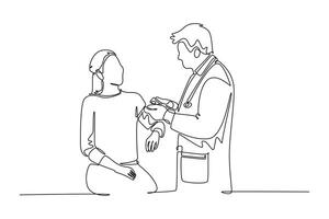 Single one line drawing male doctor examining woman patient checking pulse rate and blood pressure using tensiometer. Medical treatment concept. Continuous line draw design graphic illustration vector
