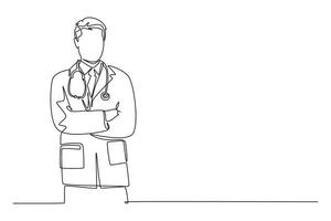 Continuous one line drawing smart handsome male doctor standing with folded hands gesture at hospital. Medical health care service workers concept. Single line draw design graphic illustration vector