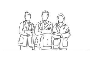 Single one line drawing group of young male and female doctors standing together with folded hands gesture. Teamwork medical healthcare service. Continuous line draw design graphic illustration vector