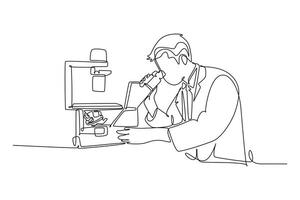 Continuous one line drawing of male scientist analyze corona virus cause covid 19 disease using laboratory microscope. Coronavirus medical research. Single line draw design graphic illustration vector