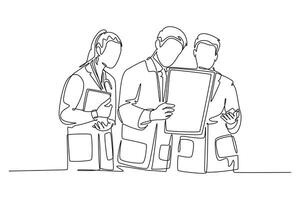 Continuous one line drawing group of male and female doctors discussing patient health condition while reading the medical report. Medical checkup. Single line draw design graphic illustration vector