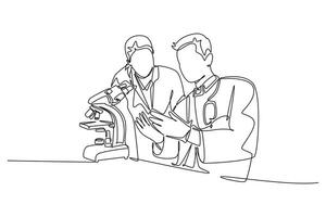 Continuous one line drawing couple scientist analyze blood sample using laboratory microscope to find covid19 vaccine. Medical research coronavirus. Single line draw design graphic illustration vector