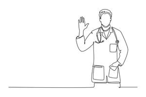 Single continuous line drawing male doctor giving warm welcome greeting or high five gesture to patients. Medical health care service workers. Dynamic one line draw graphic design illustration vector