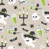 Seamless Pattern with Potions, Ghosts, Candlestick, and Candles vector
