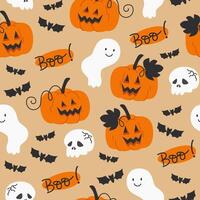 Seamless Halloween Pattern with Pumpkin Lanterns and Ghosts vector
