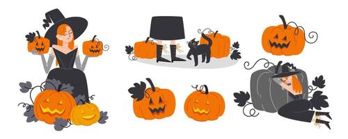 Set of Characters with Red Haired Witch in Black Attire and Pumpkin Collection for Halloween vector