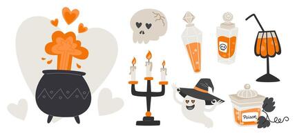 Halloween Collection of Witchy Elements with Cauldron, Skull, and Ghostly Charm vector