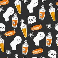 Seamless Pattern with Skull, Spider and Potion on a dark background vector