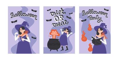 Set of Three Halloween Posters with Witch, Potions and Sorcery vector