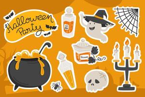 Halloween Sticker Set, Potion, Cauldron and Ghost vector