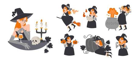 Set of Characters with Red Haired Witch in Black Attire vector