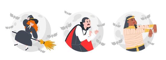 Halloween Characters, Witch, Vampire, and Pharaoh Mummy vector