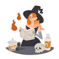 Witch Reading a Book of Magic with a Ghost Cat on Her Shoulder vector