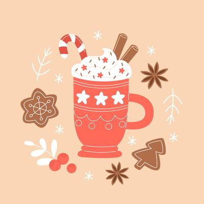 Cafe Christmas Mug with Hot Beverage and Cream, Latte, Coffee, Hot Chocolate, Cocoa, Anise, and Gingerbread