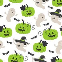 Seamless Halloween Pattern with Green Pumpkin Lanterns and Ghosts in Witch Hats vector