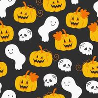Seamless Halloween Pattern with Pumpkin Lanterns and Ghosts on a dark background vector