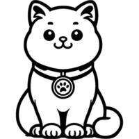 British cat sits with a medal on his neck as the winner of a cat show in monochrome. Simple minimalistic in black ink drawing on white background vector